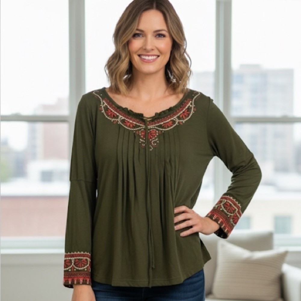 Johnny Was Sheesoh Blouse in Olive Green (T1)